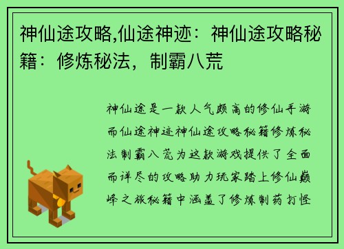 神仙途攻略,仙途神迹：神仙途攻略秘籍：修炼秘法，制霸八荒