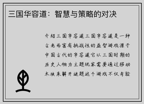 三国华容道：智慧与策略的对决